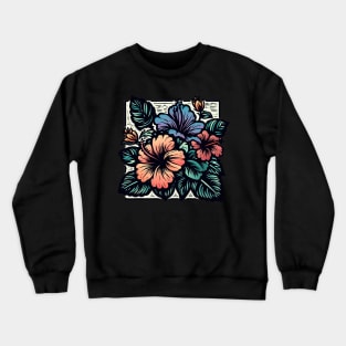 Bright Tropical Hibiscus Flower Woodcut Design Crewneck Sweatshirt